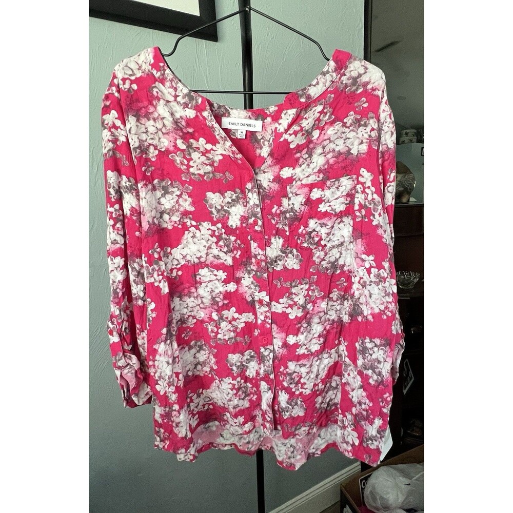 Emily Daniels Women's Pink Floral Mandarin Collar Blouse 3/4 Sleeves  XL NWT